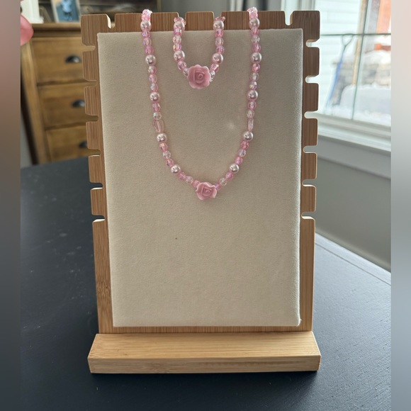 Little Girls Rose Necklace and Bracelet Set, Pink, White, Stretchy - Picture 1 of 4